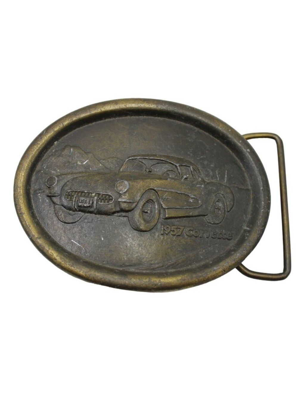 1957 Chevy Chevrolet Corvette Indiana Metal Craft Solid Brass Belt Buckle Vtg